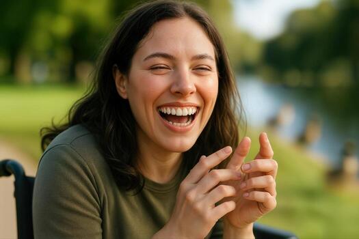 Joyful Outing in a Park Capturing a Smiling Woman During a Bright Day With Shallow Depth Of Field Outdoors by a Tranquil Lakeside photo