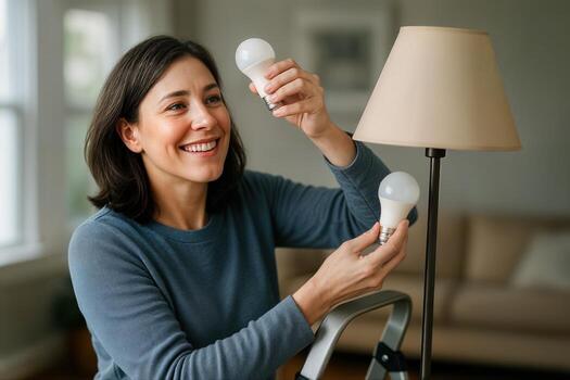 dueño de casa adentro reemplazando lámpara bulbo con energía eficiente condujo, creando un brillante y moderno ambiente con natural ligero transmisión mediante ventanas foto