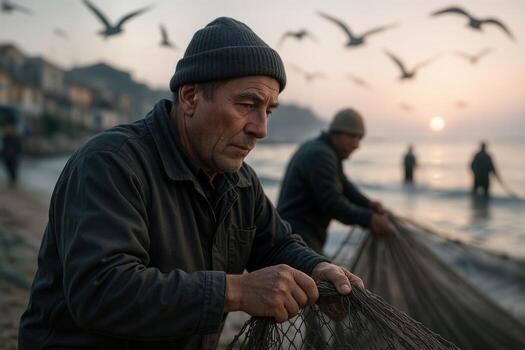 Fishing On A Beach At Sunrise With Multiple Seagulls Flying In The Background And Fishermen Handling Nets Near The Shoreline photo