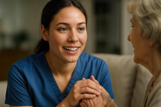 Nurse Comforting Patient with Compassionate Expression in Warm Indoor Setting Fostering Trust and Supportive Care Environment photo