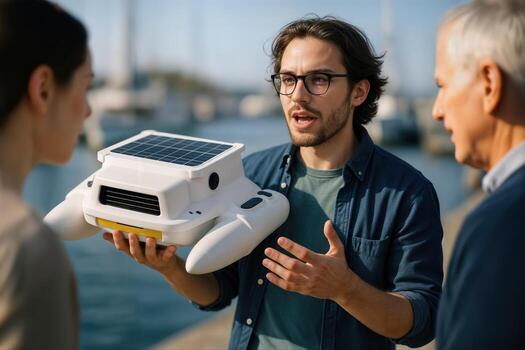 Ocean Cleaning Robot Demonstration Outdoors Featuring a Person Explaining the Device's Features to Onlookers Near the Water photo