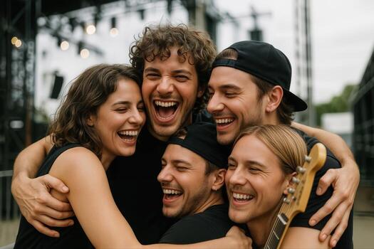 Pre Show Band Gathering Outdoors Capturing Joyful Reunion Moments Before Performance in Soft Natural Light With Shallow Depth Of Field photo