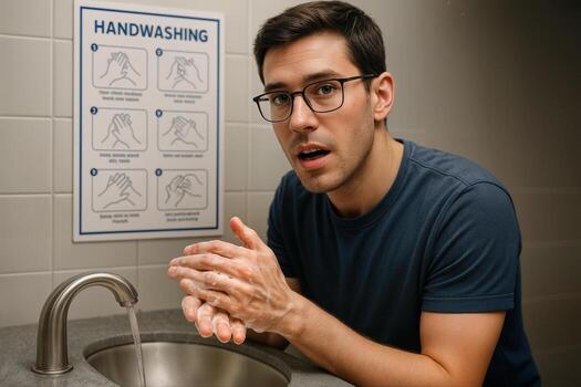 Proper Hand Washing Guide Demonstrated By A Person In A Bathroom With A Step by Step Instruction Poster On The Wall Emphasizing Hygiene Practices photo