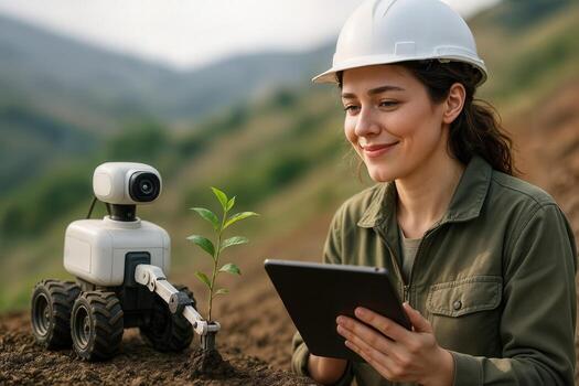 un robot plantando arboles al aire libre con un mujer observando y utilizando un tableta, capturar un escena de moderno ambiental tecnología en acción durante luz foto