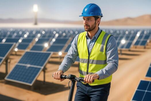 Solar Farm Engineer Riding Scooter Through Desert Solar Array Checking Panel Efficiency On Sunny Day With Reflection Tower In Background photo