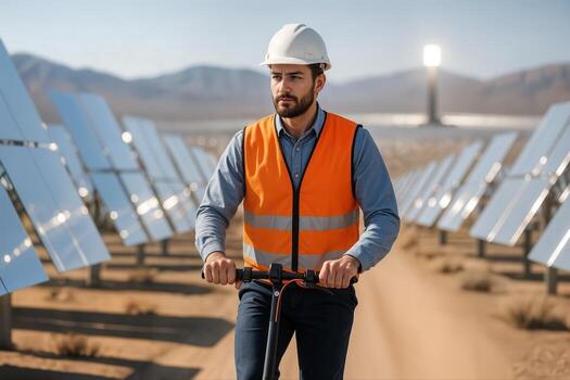 Solar Farm Outdoors Featuring Engineer Inspecting Panels on a Scooter on a Sunny Day with Mountains in the Background in a Vibrant Industrial Setting photo