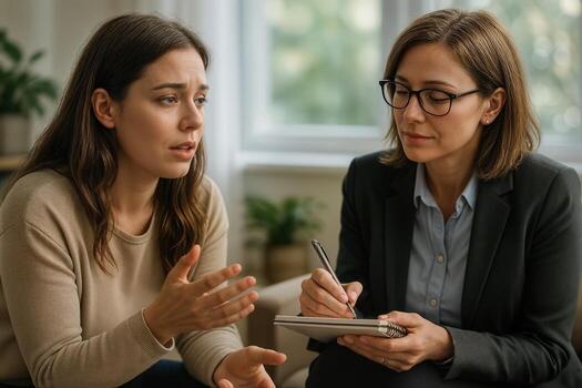 Therapy Session Indoor With One Therapist Taking Notes And A Woman Sharing Feelings In A Bright Room Setting Creating A Safe And Supportive Environment photo