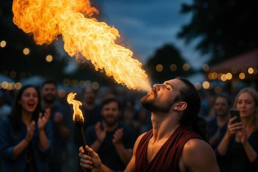 Fire Performer Showcasing Skill at Outdoor Event in Twilight with Enthusiastic Crowd Cheering and Warm Bokeh Lighting Against a Dark Blue Sky photo