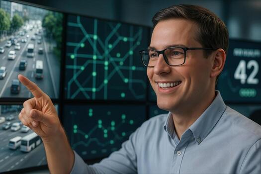 AI Traffic Management Specialist Monitoring Urban Traffic Flow on Multiple Screens in a Control Room With Natural Light and Advanced Data Visualizations photo