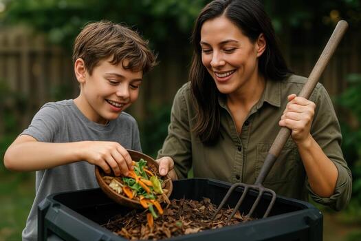 Backyard Composting Involves a Woman and a Boy Sorting Organic Waste in a Black Compost Bin on a Sunny Day in a Lush Garden Setting photo