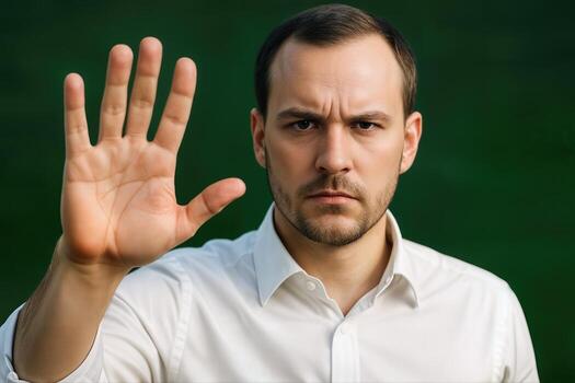 Portrait Of A Serious Man Indoors With A Stop Gesture Against A Dark Green Background Engaging Directly With The Viewer In A Direct And Assertive Manner photo