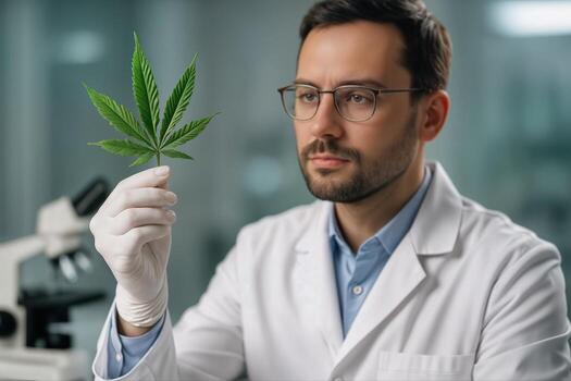 Cannabis Researcher in Lab Holding Leaf While Analyzing with Microscope in Background Under Natural Light Indoors Focused on Cannabis Studies photo