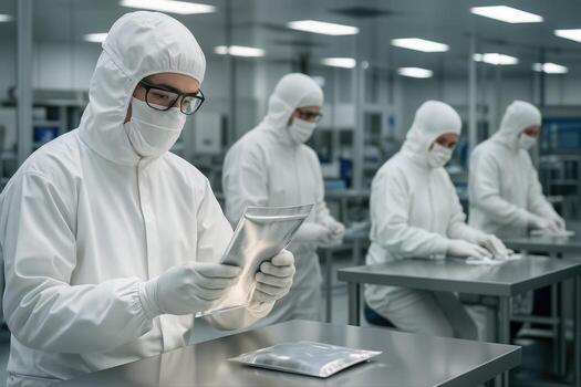 Technicians Working In A Cleanroom Dressed In Protective White Suits Inspecting Packages At Stainless Steel Tables Under Bright Artificial Lighting photo