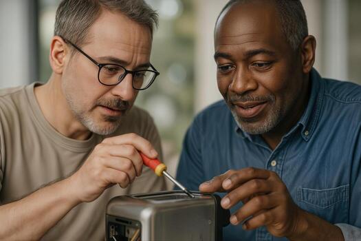 Community Repair Workshop Indoors Featuring Two Men Collaborating On Fixing A Household Appliance With Focused Expressions photo