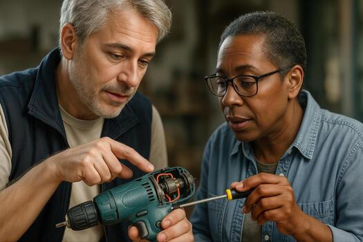Community Repair Workshop Featuring Two People Teaching and Learning to Fix a Power Drill Indoors in a Collaborative and Educational Setting photo