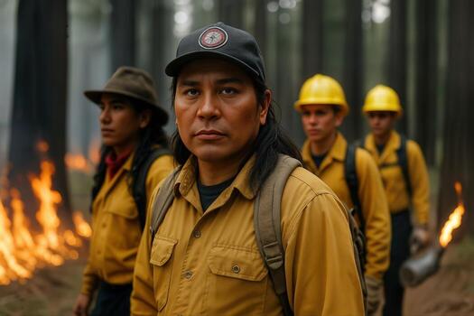 Firefighters Conducting Controlled Forest Burn in Woods with Focused Expressions and Protective Gear to Safely Reduce Wildfire Risk During Daylight photo