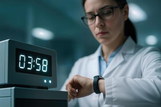 Laboratory Countdown with a Scientist in Focus, Indoors with a Clear View of the Timer Display, Capturing a Moment of Precision and Anticipation photo