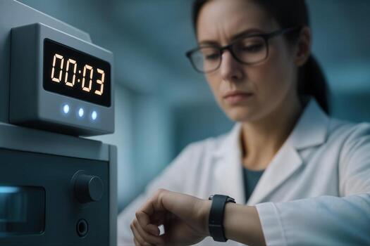 Laboratory Setting with Scientist Monitoring Countdown Timer Displayed on a Digital Clock and Checking Her Watch, Captured Indoors with Focus on the Display photo