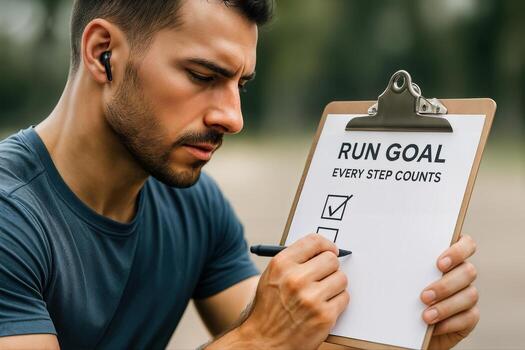 Daily Run Goals Captured Outdoors With A Focused Man Writing On A Clipboard Checklist During Daylight In A Park Setting With Shallow Depth Of Field photo