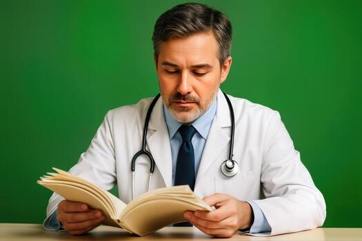 Doctor Reviewing Patient File Indoors Wearing White Coat and Stethoscope Seated at a Table Against a Green Background in a Professional Setting photo
