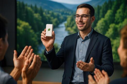Eco Gadget Unveiling Event with Man Presenting a Device Indoors and Audience Applauding Against a Nature Backdrop in Bright Lighting photo
