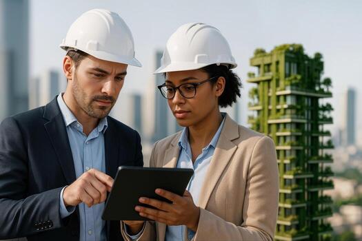 Eco Innovative Skyscraper with Engineers Discussing Building Plans on Tablet in an Urban Setting with Modern Architecture and Skyscrapers in the Background photo