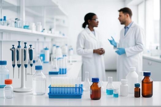 Laboratory Discussion Between Two Scientists Surrounded By Lab Equipment With A Focus On Test Tubes And Bottles In A Bright, Modern Environment photo