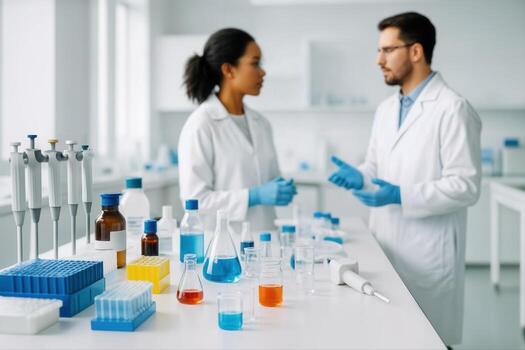 Laboratory Discussion Between Scientists Wearing Lab Coats and Gloves in a Bright, Modern Lab with Various Equipment and Chemicals on the Table photo