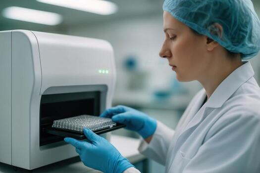 A Lab Technician in a Science Laboratory Carefully Handling a Sample Tray for Testing with Sophisticated Equipment and Wearing Safety Gear photo