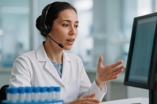 Lab Technician Wearing a Headset Engaged in a Conference Call at a Laboratory Desk with Test Tubes and Computer Screen Nearby photo