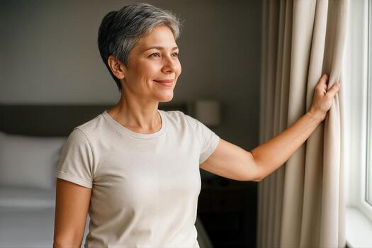 Morning Routine at Home Featuring a Woman Opening Window Curtains Looking Outside in a Bright Room with Soft Natural Light photo