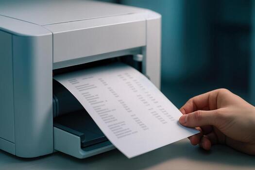Office Printer Ejecting Document with a Hand Reaching to Retrieve It in a Low Light Indoor Setting with a Closeup View of the Printer Output photo