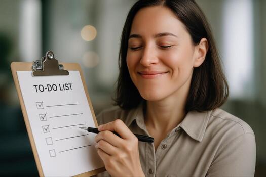 An Organizer Indoors Completes Tasks On A To Do List, Smiling In Satisfaction With A Black Pen In A Bright Space During The Day With Shallow Depth Of Field photo