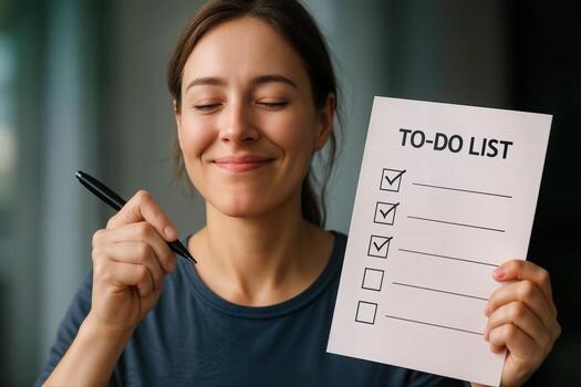 An Organizer Holding a Completed To Do List Indoors, Exhibiting a Sense of Accomplishment and Satisfaction in a Close Up with Soft Natural Lighting photo