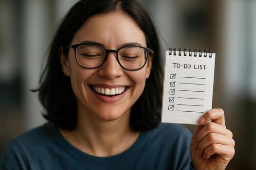 Organizer Holding Completed Checklist Indoors With Joyful Expression and Shallow Depth of Field Highlighting Achievement photo