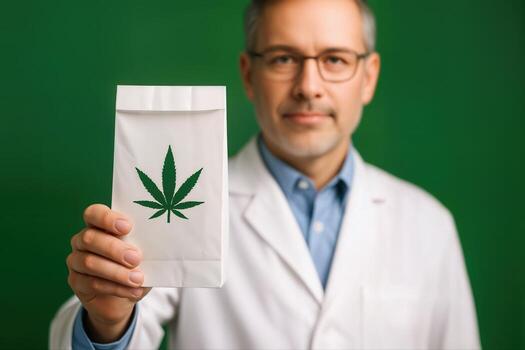 Pharmacist Holds a Package with Cannabis Symbol in a Studio Setting with Green Background and Focus on the Package Displaying a Cannabis Leaf photo