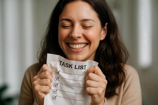 A Woman Indoors Holding A Completed Task List With A Satisfied Expression, Highlighting Productivity And Achievement In A Bright Setting photo
