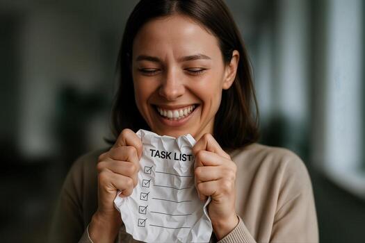 A Woman Indoors Holding A Crumpled Task List With A Gleeful Expression, Representing A Sense Of Achievement And Completion In A Bright Room photo