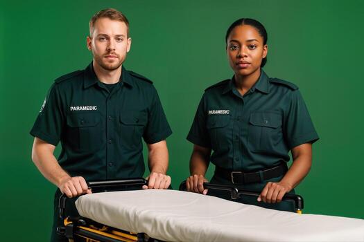 Paramedics Standing Indoors Next To A Gurney In A Professional Portrait Setting With Green Background, Demonstrating Readiness For Emergency Response photo