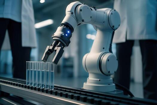 Robotic Arm Operating in a Modern Laboratory Handling Test Tubes With Precision Under Laboratory Lighting With Shallow Depth of Field photo