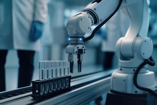 Robotic Arm in a Laboratory Setting Handling Test Tubes on a Conveyor Belt with Precision under Soft Indoor Lighting with People in the Background photo