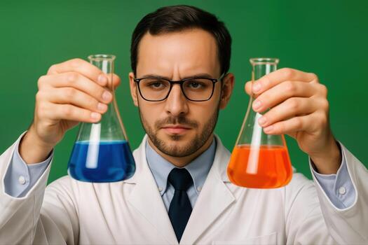 Scientist Analyzing Colorful Liquid in Flasks While Wearing a White Lab Coat and Glasses Against a Solid Green Background photo
