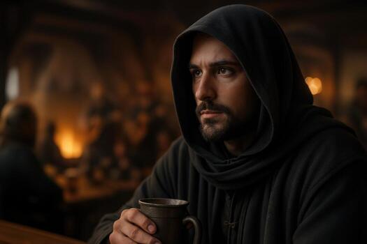 rústico taberna escena con hombre en capucha situado a de madera mesa participación un jarro con calentar Encendiendo y borroso antecedentes creando acogedor atmósfera foto