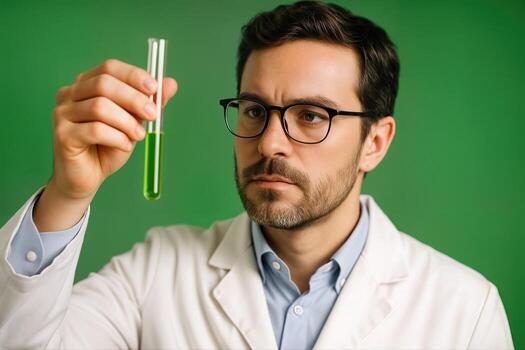 Scientist in a laboratory wearing a white coat and glasses closely examining a test tube with a green liquid against a uniform background photo
