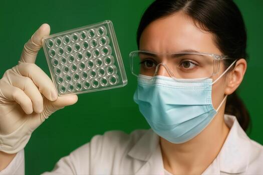 Scientist In A Laboratory Examines A Transparent Microplate Wearing Protective Gear Including A Face Mask And Safety Glasses Against A Green Background photo