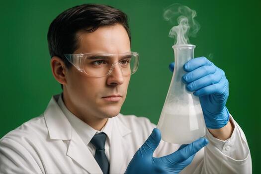 Scientist Examining a Smoking Flask in a Laboratory Setting with Intense Focus and Determination Visible on His Face, Wearing Protective Gear photo
