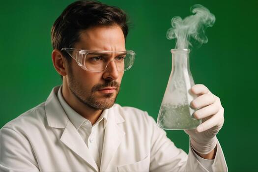 Scientist Indoors Observing a Chemical Reaction in a Beaker with Green Background Under Bright Lighting Conditions Showing Intense Focus photo