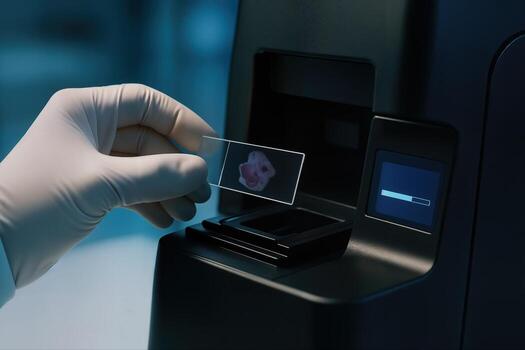 Slide Scanning Process With Gloved Hand Positioning A Sample Into A High Tech Scanner In A Laboratory Setting Under Controlled Lighting photo