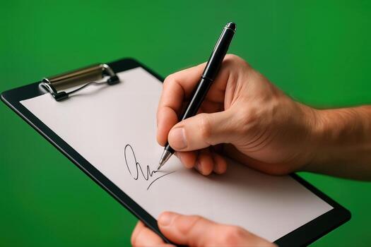 Signing a Document on a Clipboard Against a Solid Green Background, Featuring a Close Up View of Hands Holding a Pen in a Controlled Indoor Setting photo