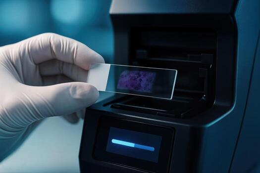 Medical Laboratory Technician Handling a Glass Slide for Scanning in a Dimly Lit Laboratory Setting With Focus on the Slide and Machinery photo